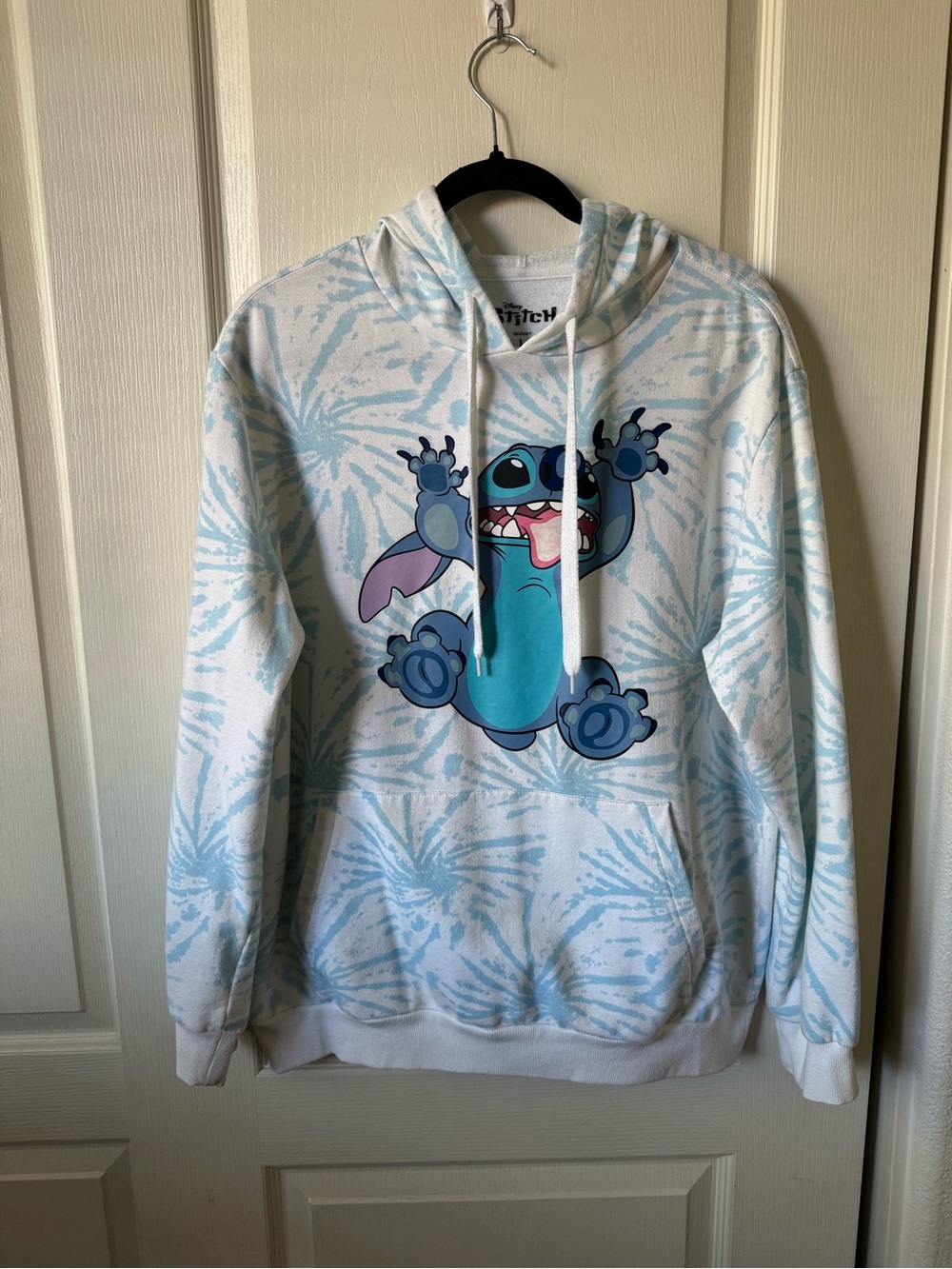 Disney Stitch Tie Dye Pullover Hoodie Size Large Blue White Fleece Lined